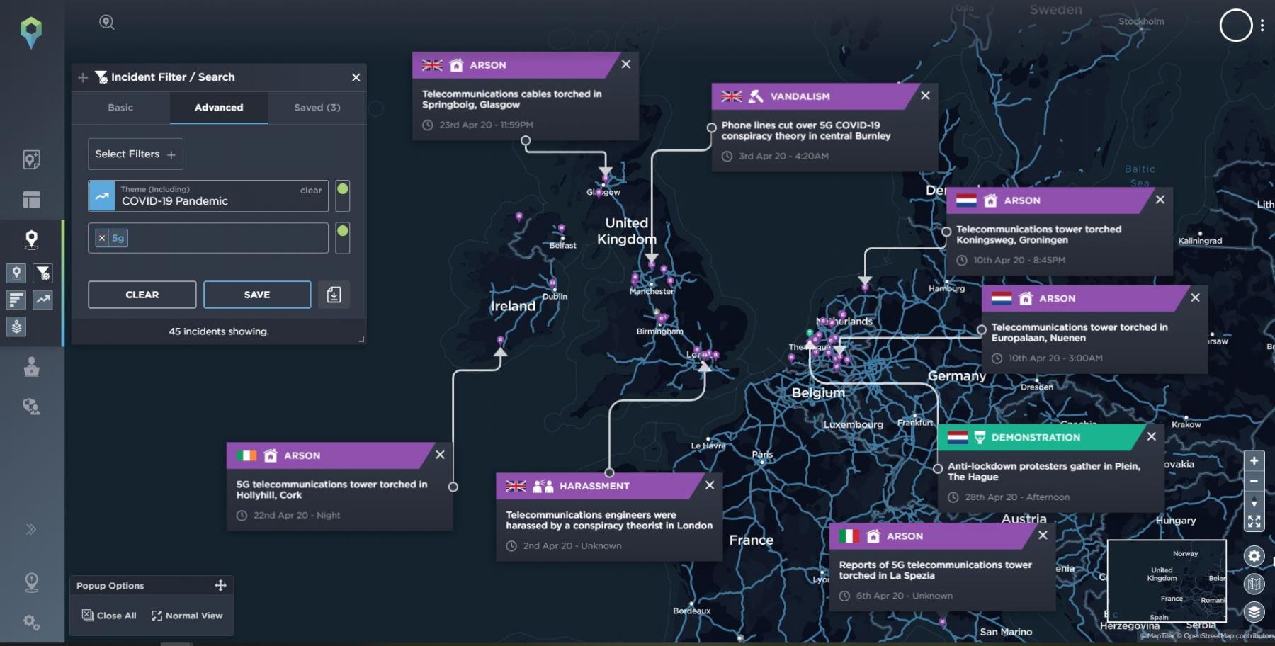 Map highlighting a selection of incidents that show a rise in attacks against 5G masts amidst the conspiracy theory regarding COVID-19